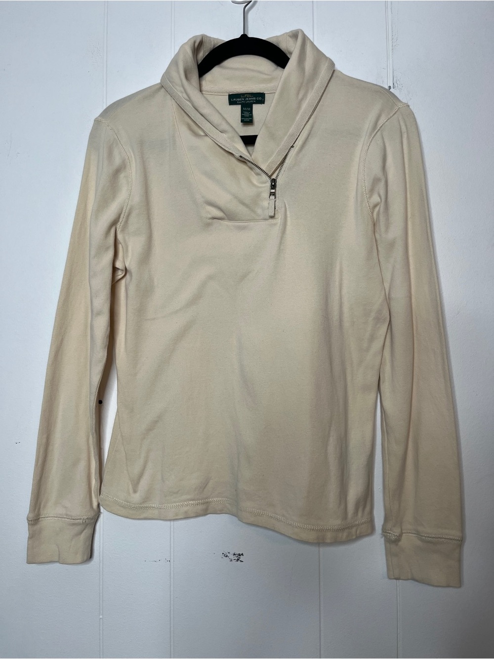 Lauren Ralph Lauren Cream Shawl Collar Asymmetric Zip Long Sleeve Top Size M